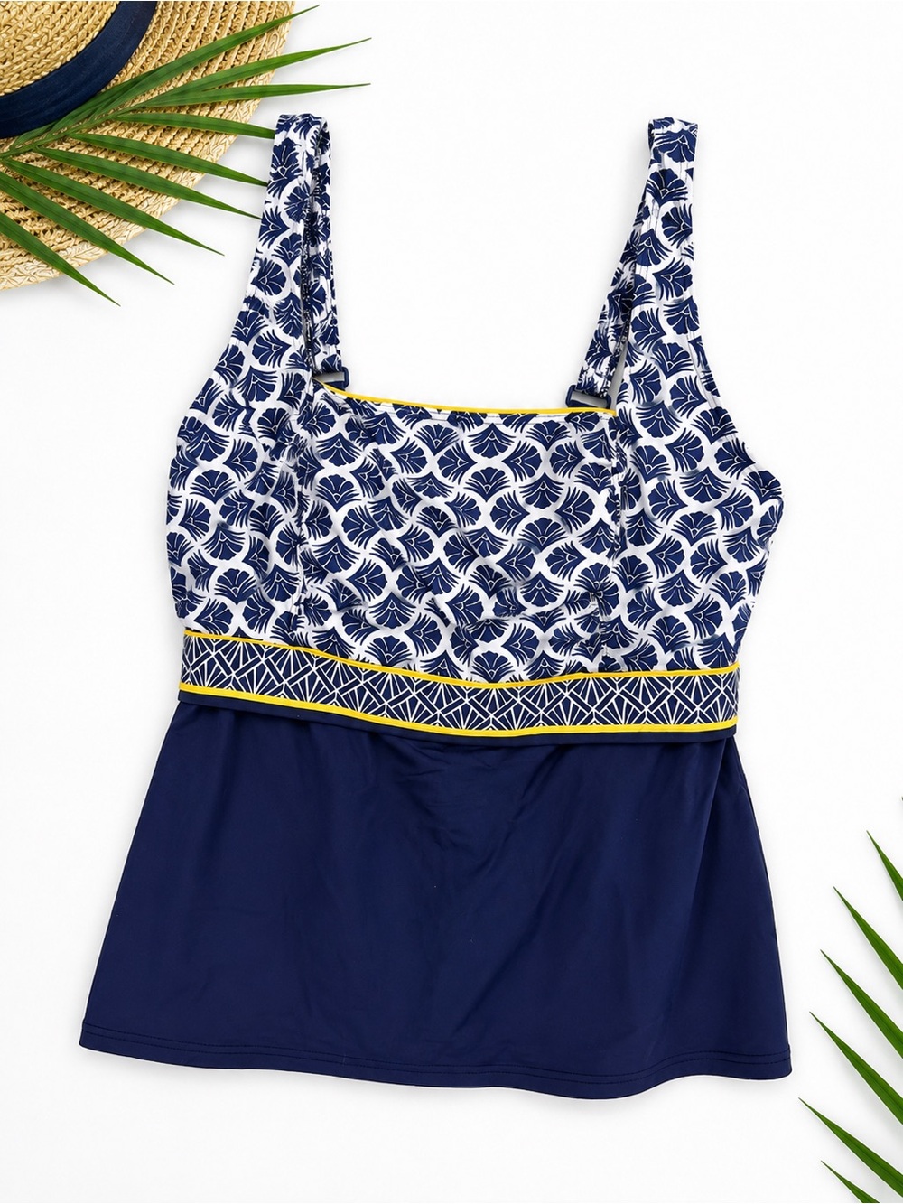 Lands’ End Blue Tankini Top 14W Square Neck Adjustable Straps Built In Bra